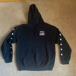 Black NASA hoodie with USA flag on front and back and stars down the sleeves